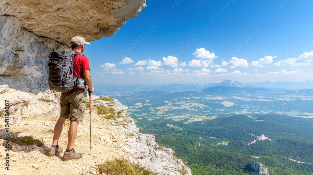 Fototapeta premium A hiker stands on a rocky ledge, gazing at a vast landscape of forests and mountains under a clear blue sky.