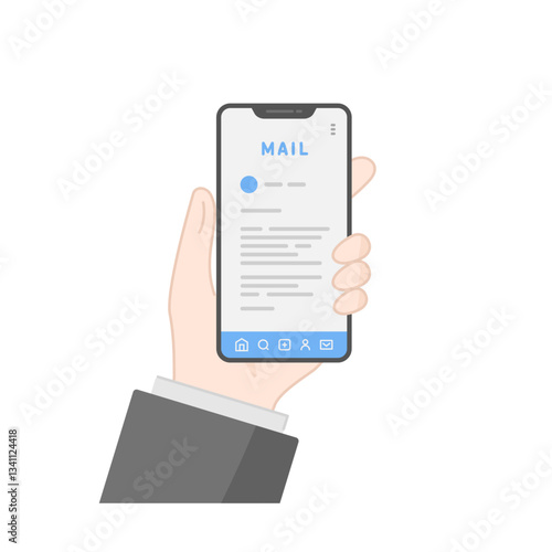 スマホでメールチェックするビジネスマンの手元 (線画・フラット)