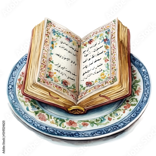 Watercolor Haft sin Holy Book or Divan of Hafez white plate. Traditional Persian New Year Garlic, isolated on a white background. Nowruz vector design set	