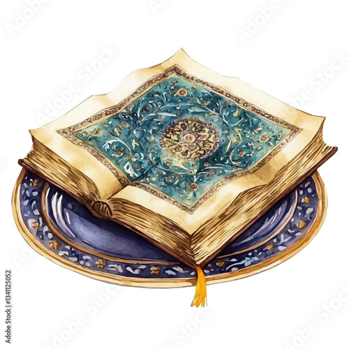 Watercolor Haft sin Holy Book or Divan of Hafez white plate. Traditional Persian New Year Garlic, isolated on a white background. Nowruz vector design set	