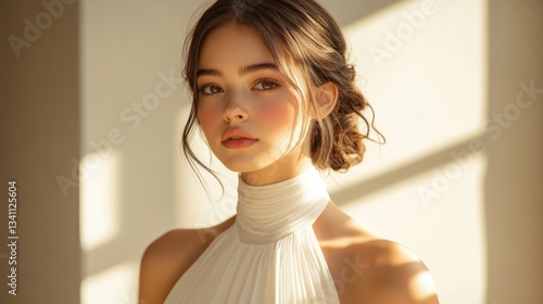 A young woman poses gracefully in a softly lit interior space, highlighting her serene expression and natural makeup. Sunlight gently illuminates the scene.