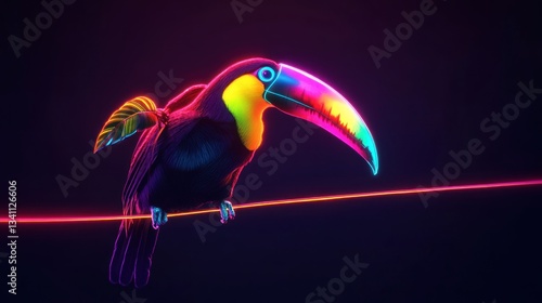 Radiant toucan perched on a luminous wire, bathed in neon hues and vibrant glow