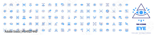 100 Eye Icons Collection. Bold line style. Duotone colors. retinal scan, target, eye, wrinkles, visibility, visionary, eye scan, eye scanner, red eyes, eyes