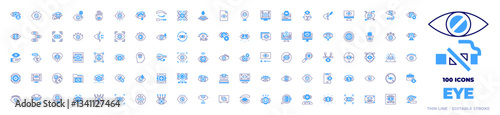 100 Eye Icons Collection. Bold line style. Duotone colors. view, blindness, paranoia, objective, cyber security, observation, search, hamsa, blind, news, alert