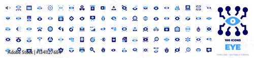 100 Eye Icons Collection. Bold style. Duotone colors. eye, hypnosis, vision, drowsiness, eye scan, contact lens, eye exam, eye test, piercing, search, web