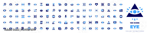 100 Eye Icons Collection. Bold style. Duotone colors. retinal scan, target, eye, wrinkles, visibility, visionary, eye scan, eye scanner, red eyes, eyes