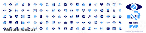 100 Eye Icons Collection. Bold style. Duotone colors. view, blindness, paranoia, objective, cyber security, observation, search, hamsa, blind, news, alert