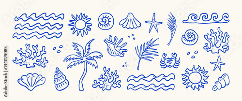 Hand drawn summer vintage icon set. Palm tree, sun and sea, seashells, coral, in doodle sketch style. Drawing ink. Italian concept, ocean, vacation and travel. Vector whimsical elements for print.