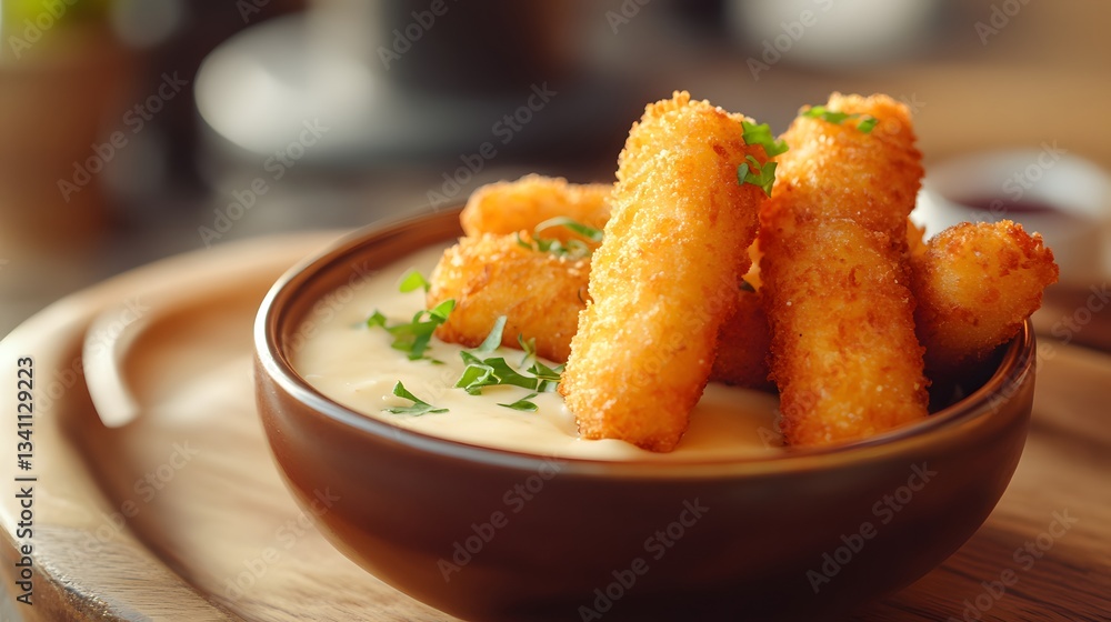 Crispy fish sticks served with creamy vanilla dipping sauce in a bowl.
Crispy fish sticks served with creamy vanilla dipping sauce in a bowl.