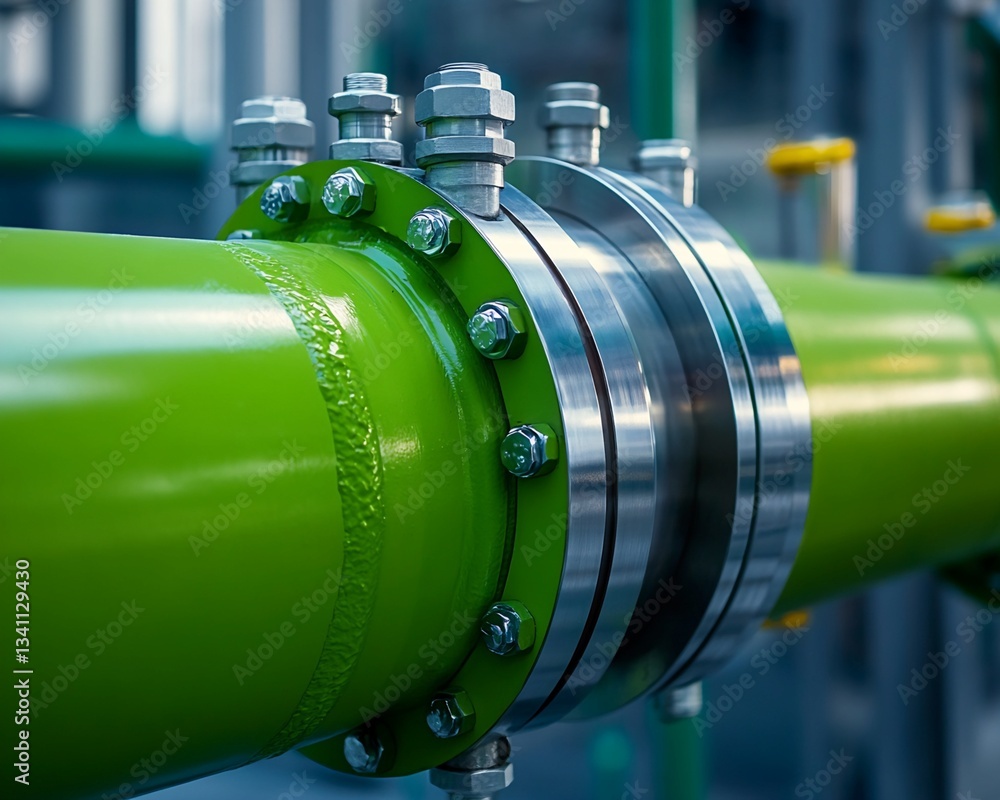 Obraz premium Green Industrial Pipe with Double Flange Connection