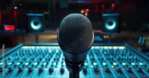 Microphone in a vibrant recording studio with a colorful soundboard.