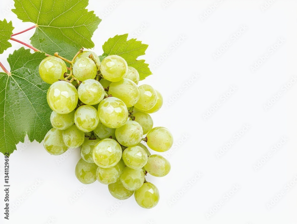 A cluster of fresh green grapes with leaves, showcasing their natural sheen and vibrant color against a light background. A cluster of fresh green grapes with leaves, showcasing their natural sheen and vibrant color against a light background.