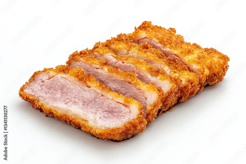 A beautifully arranged plate of golden-brown, crispy pork cutlet, sliced to reveal its juicy pink interior. A beautifully arranged plate of golden-brown, crispy pork cutlet, sliced to reveal its juicy pink interior.
