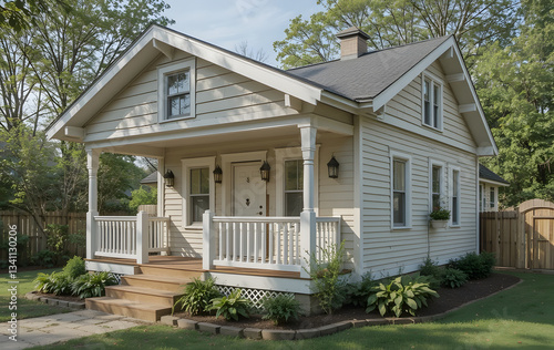 Small single-story house sloping roof porch is painted ADU dwelling unit