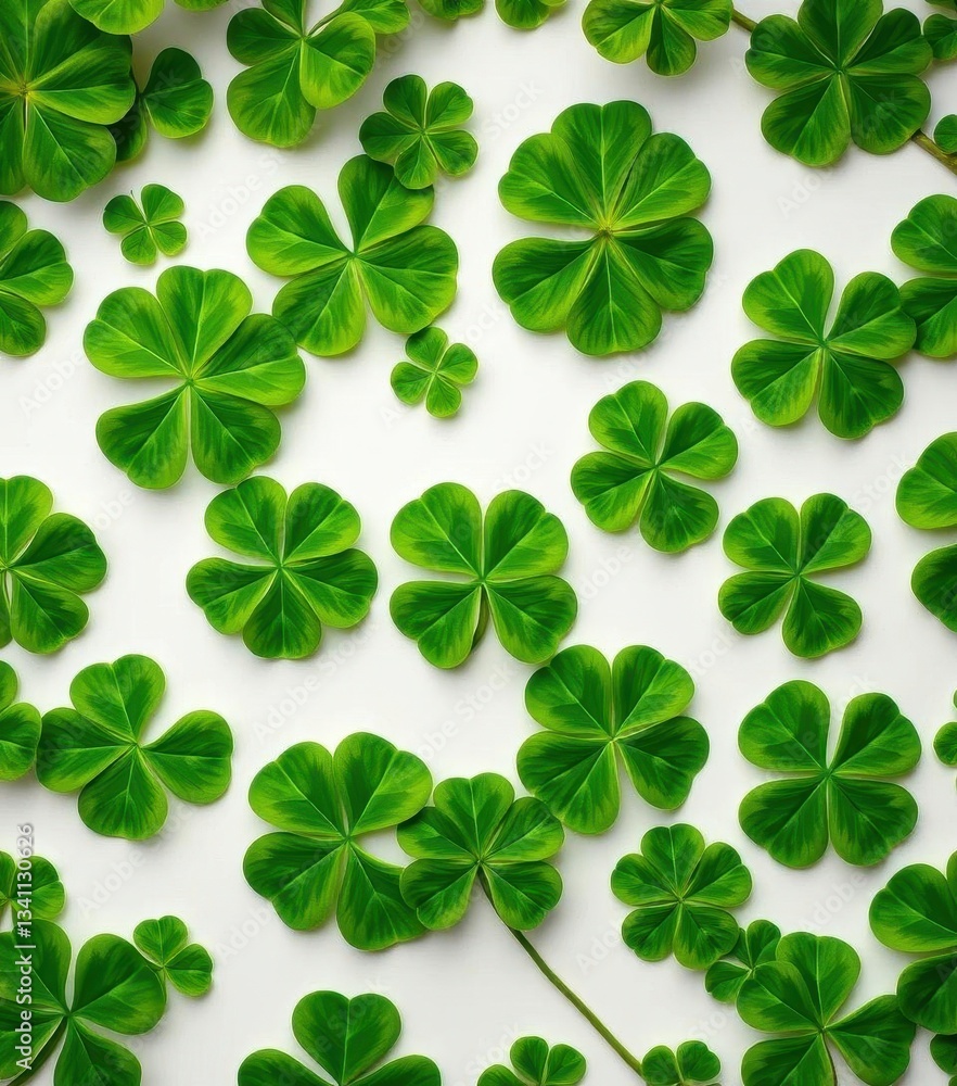 Intricate green clover leaf pattern on pristine white backdrop, close up, art Intricate green clover leaf pattern on pristine white backdrop, close up, art