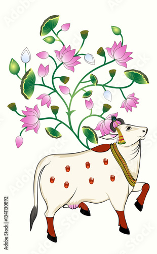 Kamdhenu with beautiful lotus flowers. Kamdhenu cow