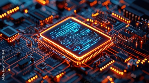 Cybersecurity computing and data protection in network concept. Close-up view of a glowing microprocessor on a circuit board.