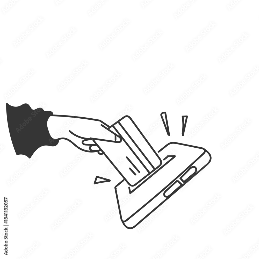 Obraz premium doodle hand insert credit card card to smart phone