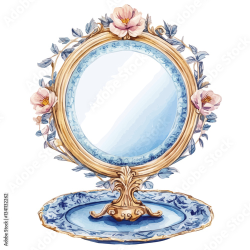 Watercolor Haft sin traditional golden Mirror. Traditional Persian New Year Garlic, isolated on a white background. Nowruz vector design set	