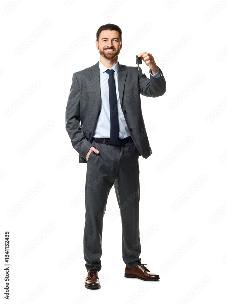 Cheerful salesman with car key on white background Cheerful salesman with car key on white background