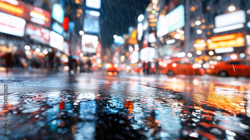 Wallpaper Mural A night city street in heavy rain, with glowing lights from advertisements and cars reflecting in the wet asphalt, creating a neon and motion-filled atmosphere. Torontodigital.ca