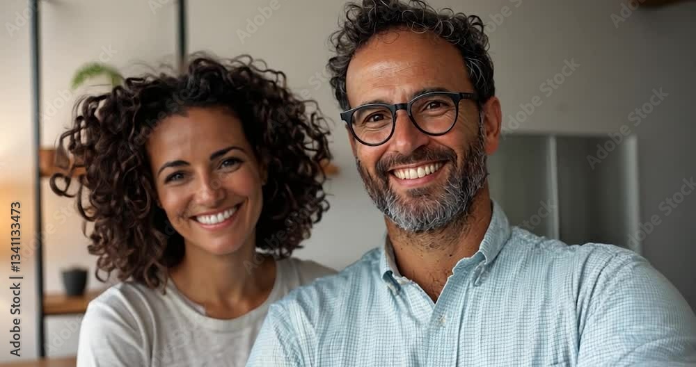 Smiling couple posing for camera in home interior. Man in glasses with beard stands beside woman with curly hair in neutral colors Smiling couple posing for camera in home interior. Man in glasses with beard stands beside woman with curly hair in neutral colors