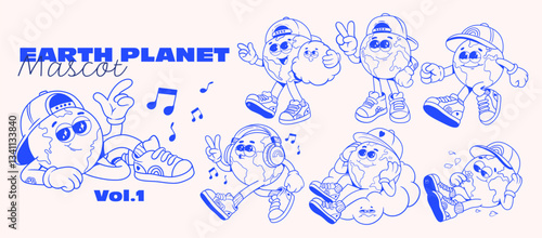 Collection of Fun Earth Planet Mascot Characters with Sneakers, Cap, Headphones, and Playful Poses