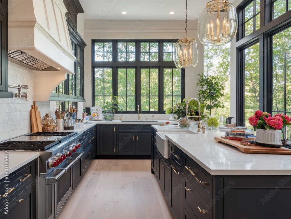A kitchen with a sink and a counter. The counter has a vase of flowers on it A kitchen with a sink and a counter. The counter has a vase of flowers on it