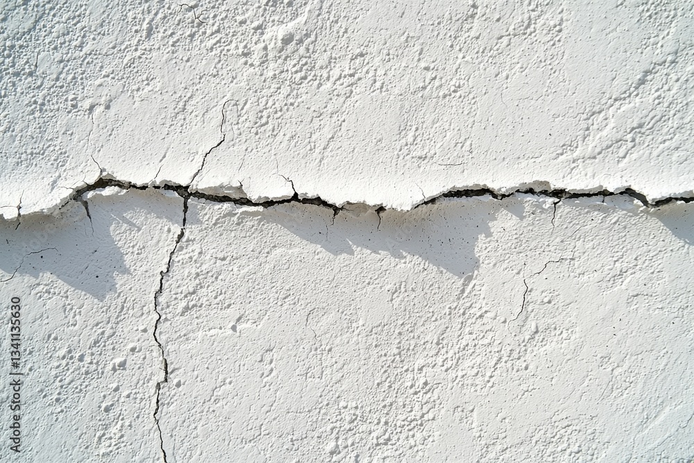 Obraz premium Close-up of cracked white wall texture, highlighting structural damage and weathering, daytime, urban decay concept