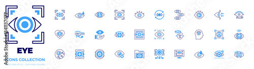 Eye icon collection. Bold line style. Duotone colors. eye, eye drops, refraction, eye scan, eye scanner, eye of ra, red eye, eye tracking, closed eyes