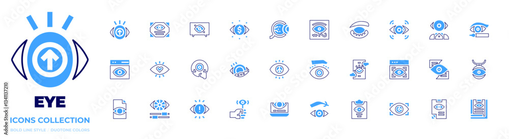 Eye icon collection. Bold line style. Duotone colors. focus, mentalist, view, chat, clipboard, optometry, spyware, eyeliner, smart tv, color adjustment Eye icon collection. Bold line style. Duotone colors. focus, mentalist, view, chat, clipboard, optometry, spyware, eyeliner, smart tv, color adjustment