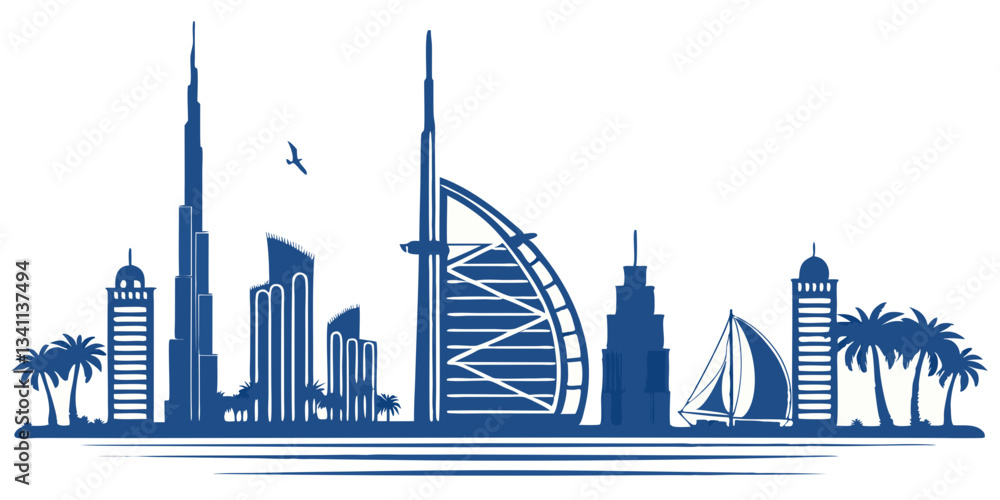 Obraz premium silhouette of the city, skyline with landmarks and monuments, Dubai