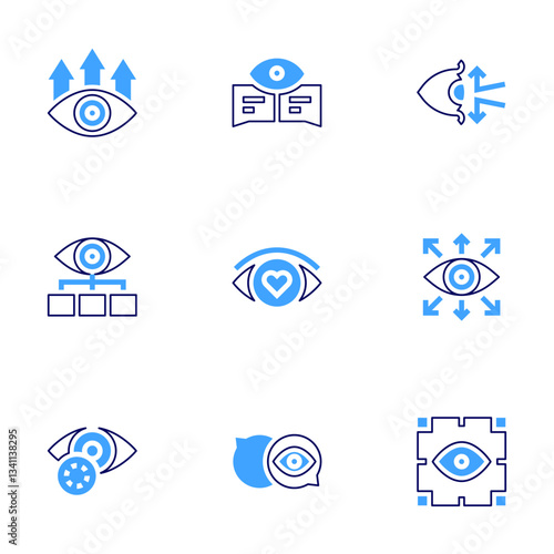 Eye icon set. Bold line style. Duotone colors. Editable stroke. blind, vision, organization, shared vision, contact lens, visible, eyewitness, look, witness