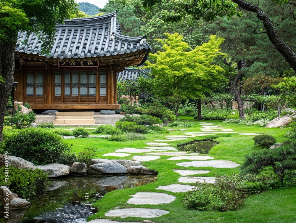 A Peaceful Korean Garden Featuring Calm Green Grass and Plants A Peaceful Korean Garden Featuring Calm Green Grass and Plants