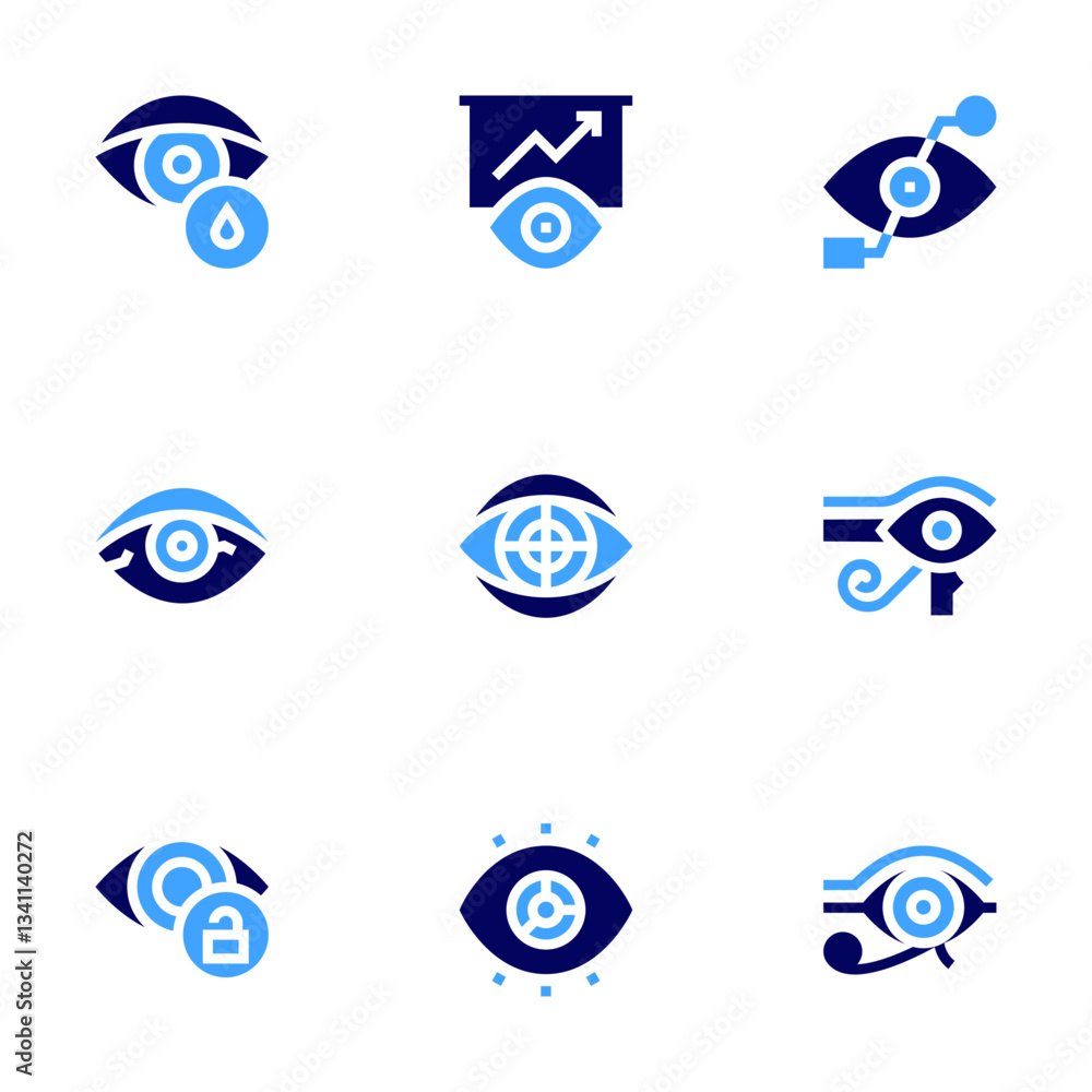 Eye icon set. Bold style. Duotone colors. bionic eye, eye drop, eye of ra, red eye, eye, strategic vision, visibility, visualization Eye icon set. Bold style. Duotone colors. bionic eye, eye drop, eye of ra, red eye, eye, strategic vision, visibility, visualization