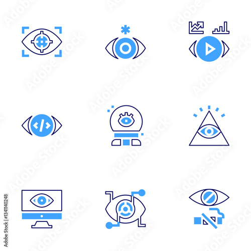 Eye icon set. Bold line style. Duotone colors. Editable stroke. vision, view, metis, crystal ball, cyber security, god
