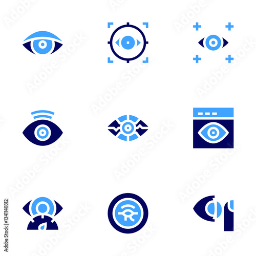 Eye icon set. Bold style. Duotone colors. eye tracking, eye scanner, eye, red eye, eye of ra, viewer, contact lens