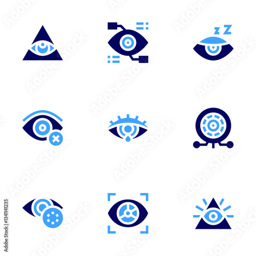 Eye icon set. Bold style. Duotone colors. eye, vision, drowsiness, contact lens, bionic eye, crying, eye recognition