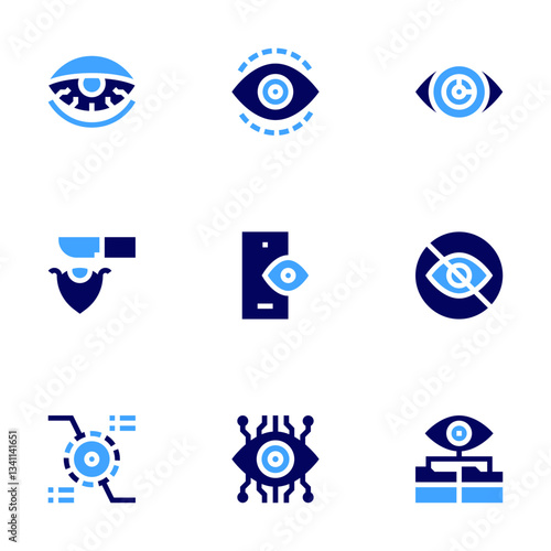 Eye icon set. Bold style. Duotone colors. insomnia, eye surgery, bionic eye, vision, view, smartphone, hidden, monitoring