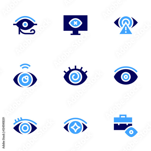 Eye icon set. Bold style. Duotone colors. not visible, hypnosis, fortune teller, alert, visible, briefcase, eye of ra, eye