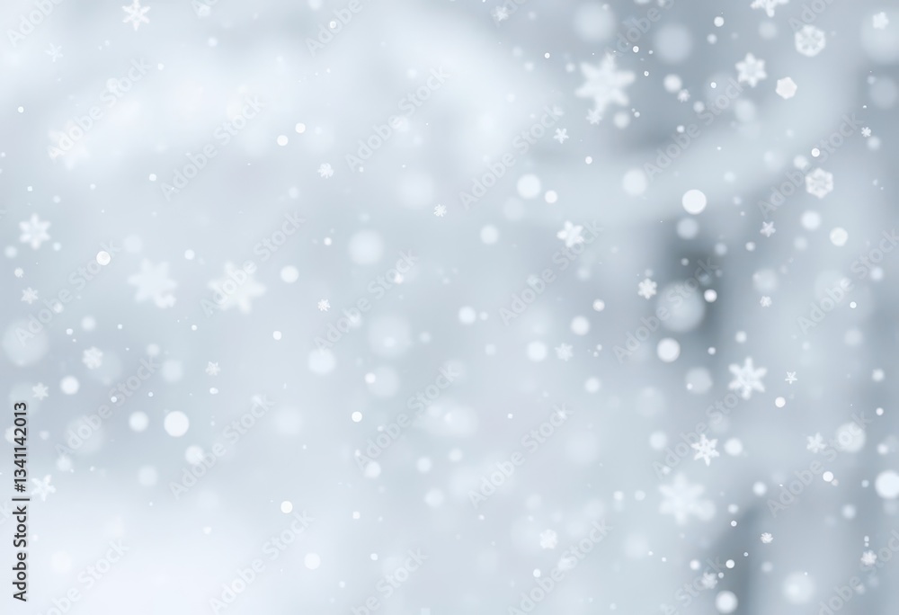 Fototapeta premium Delicate snowflakes drift down against a softly blurred silvery-gray winter backdrop, frozen water, icy