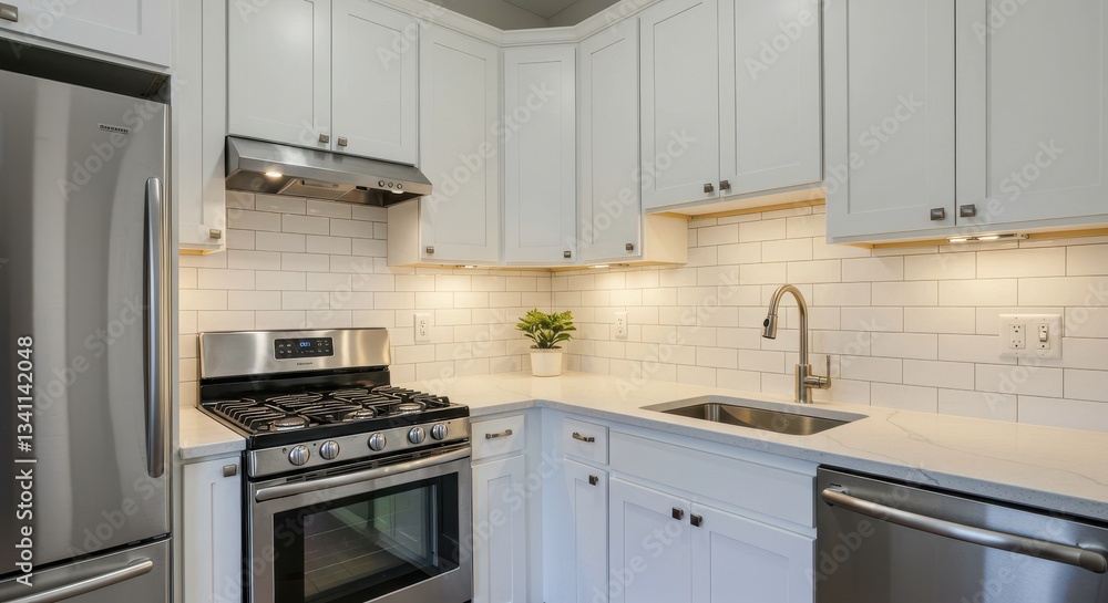 Fototapeta premium Bright Kitchen Interior Design Featuring White Cabinets and Stainless Steel Appliances