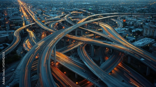 Bustling highway at dusk, streaks of light tracing the motion of vehicles