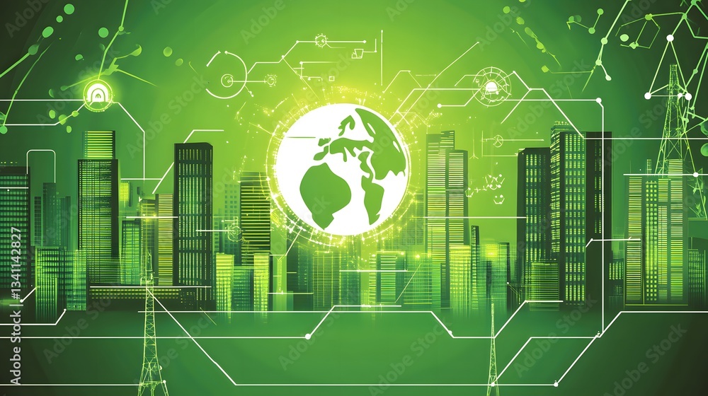 Fototapeta premium Emerald Green Smart City with Earth Symbol, Digital Network Towers and Sustainable Urban Development