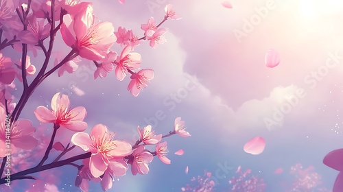 A serene scene of cherry blossoms in a dreamy sky with soft petals drifting.