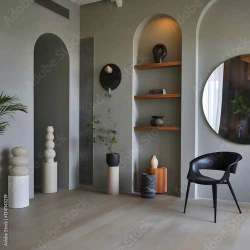 A contemporary interior with muted blue walls, sculptural accents, and a sleek black chair. A blend of modern design and warm details for a stylish, minimalist setting