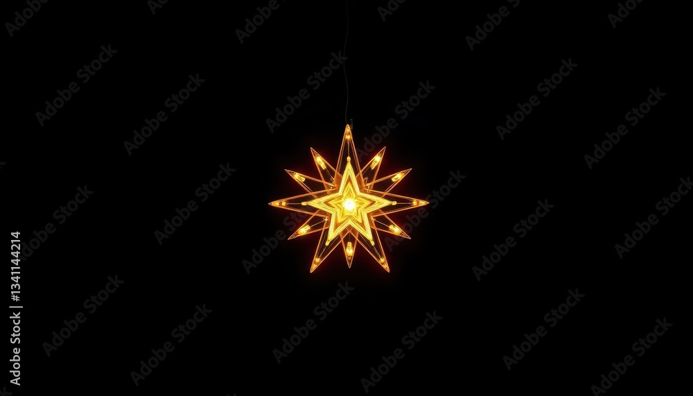 Single gold star-shaped light fixture on a black background, lighting, heavenly Single gold star-shaped light fixture on a black background, lighting, heavenly