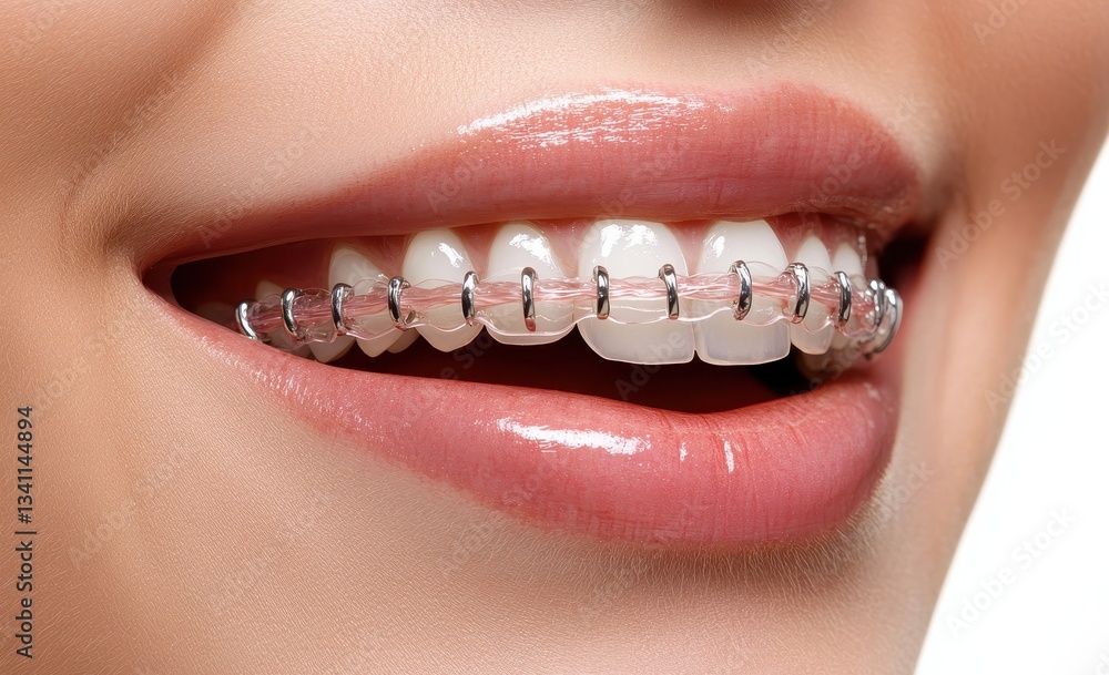 Obraz premium Close-up of a smiling woman with braces on her teeth.