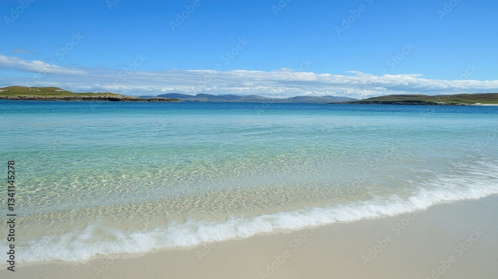 Fototapeta premium Crystal-clear turquoise waves gently lapping against a pristine white sandy shore under a bright blue sky