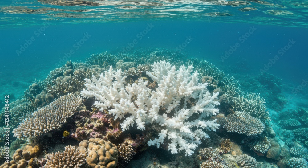 Fototapeta premium Underwater Scene of Coral Reef with Bleached Coral and Clear Water